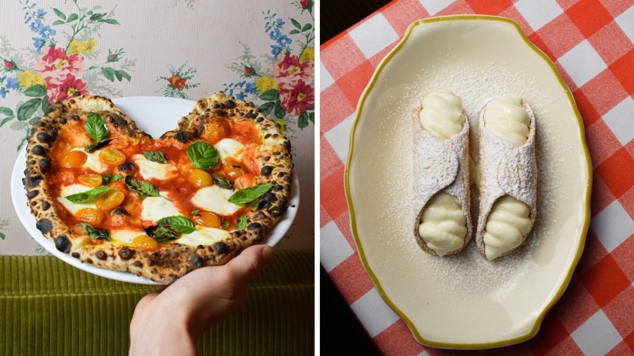 A person holding up a pizza made with tomato sauce, basil and mozzarella. Right: Two cannolis dusted with powdered sugar sitting on a plate over a plaid tablecloth.
