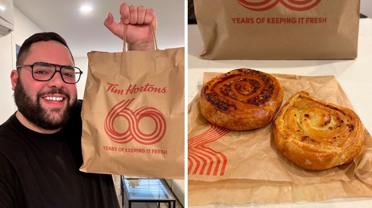 A person holding up a Tim Hortons takeout bag. Right: The new Tim Hortons savoury pinwheel pastries.