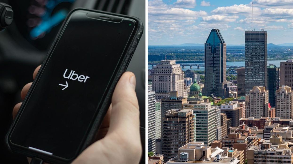 A person holding up the Uber app on their iPhone, Right: The Montreal skyline from the Mont-Royal mountain during the summertime.