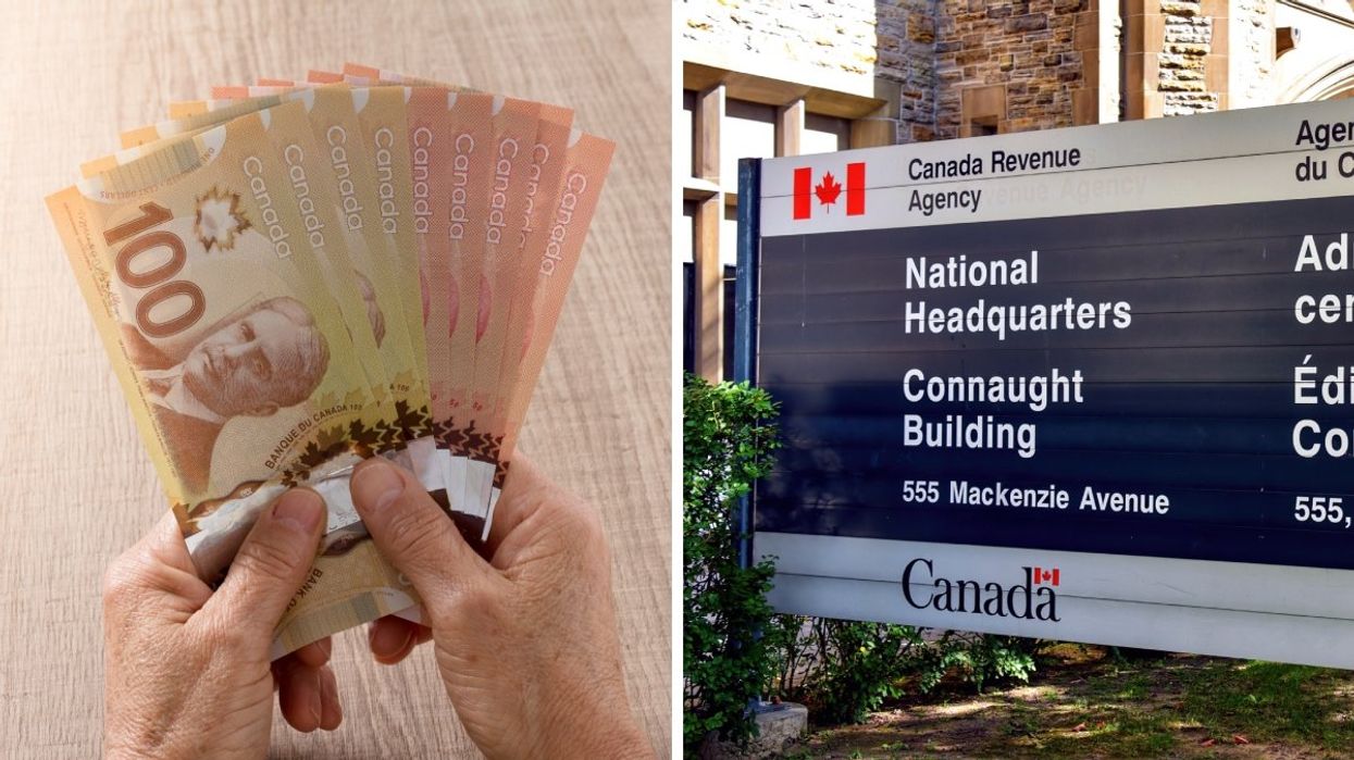 A person holding various Canadian banknotes including four $100 and $50 bills. Right: The exterior sign of the Canada Revenue Agency national headquarters in Ottawa, Ontario.