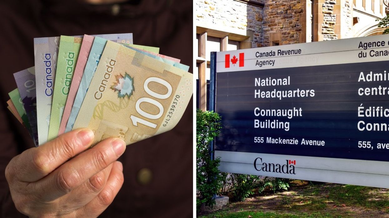 A person holding various Canadian banknotes. Right: The exterior sign of the Canada Revenue Agency offices in Ottawa.
