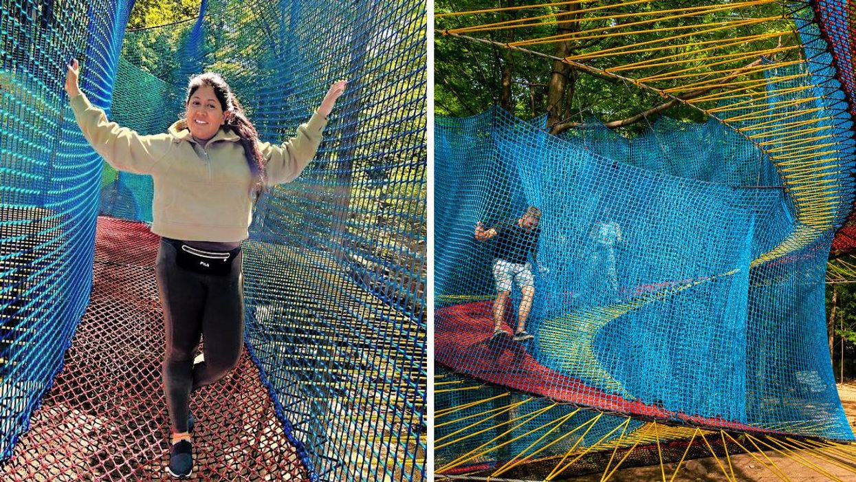 A person holds onto the netting on either side of on a suspended trampoline path with trees in the background. Right: Two people hop down a spiral trampoline walkway that leads to the ground.