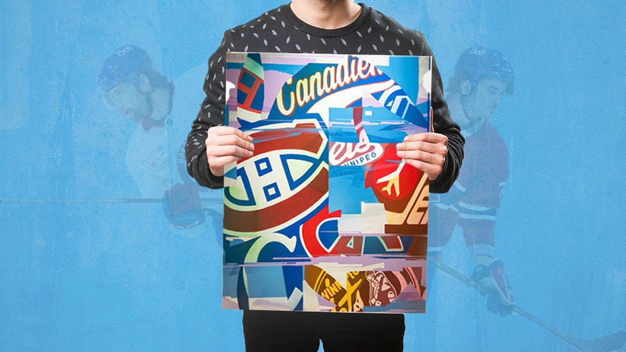 A person holds up a painting by artist Zek, with two Canadiens hockey players in the background.