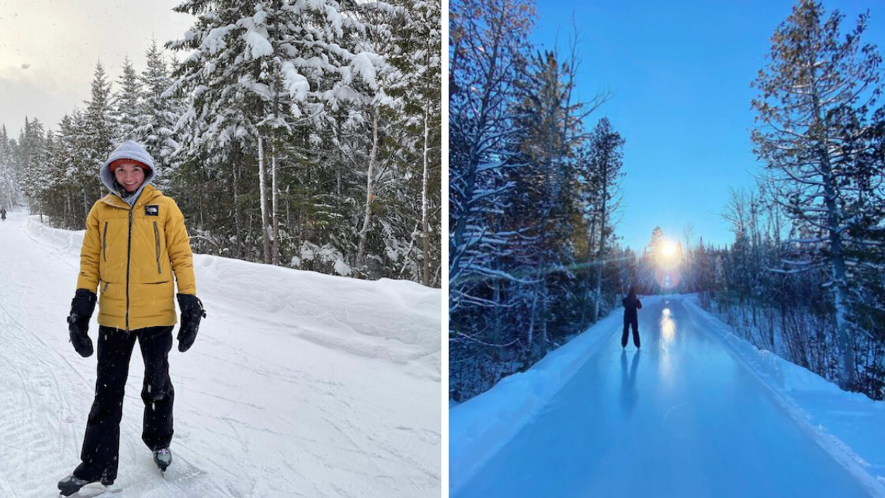 A person iceskating in Parc des Pionniers. Right: the forest skating path in Parc des Pionniers, Saint-Donat.