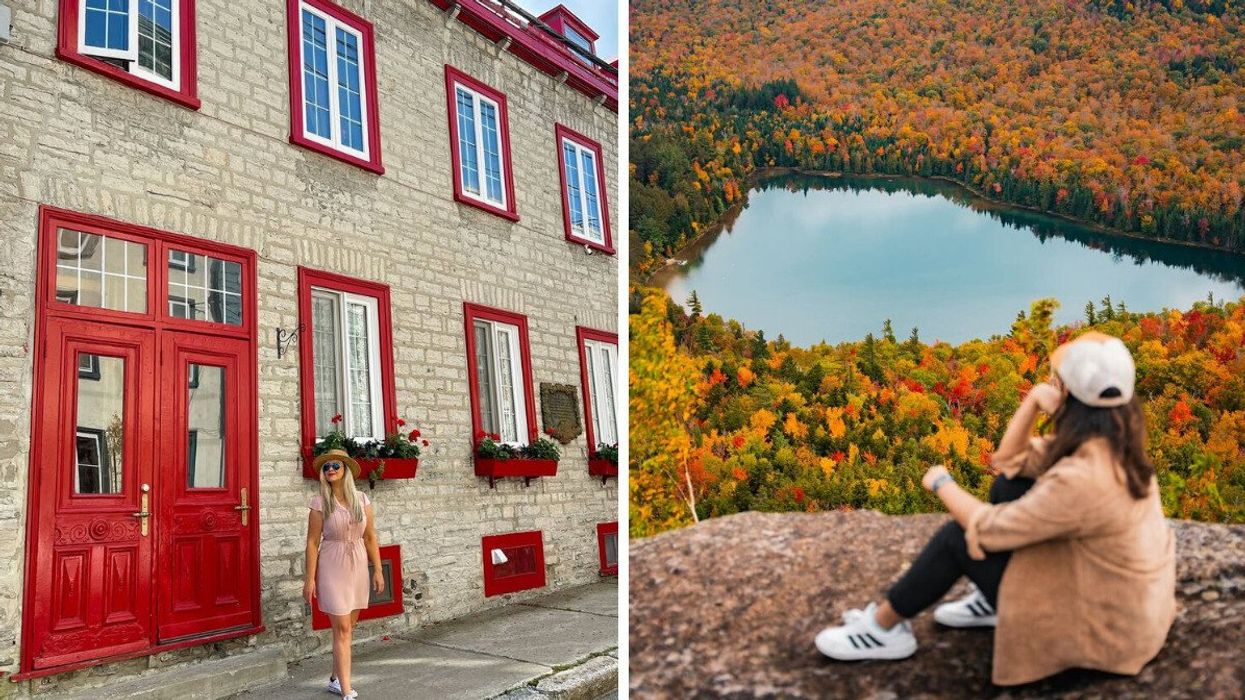 A person in a city in Quebec. Right: A person at a mountain near Montreal.
