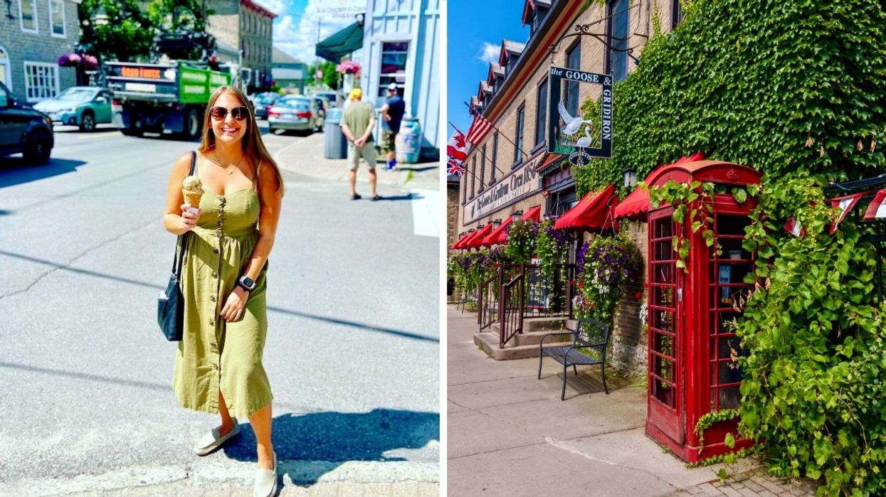 A person in a green dress eating an ice cream on a corner of a street. Right: A British phone booth enveloped by vine leaves at an Ontario restaurant. 