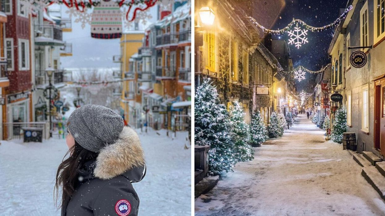 A person in a small town in Quebec. Right: A street in Quebec decorated for Christmas.