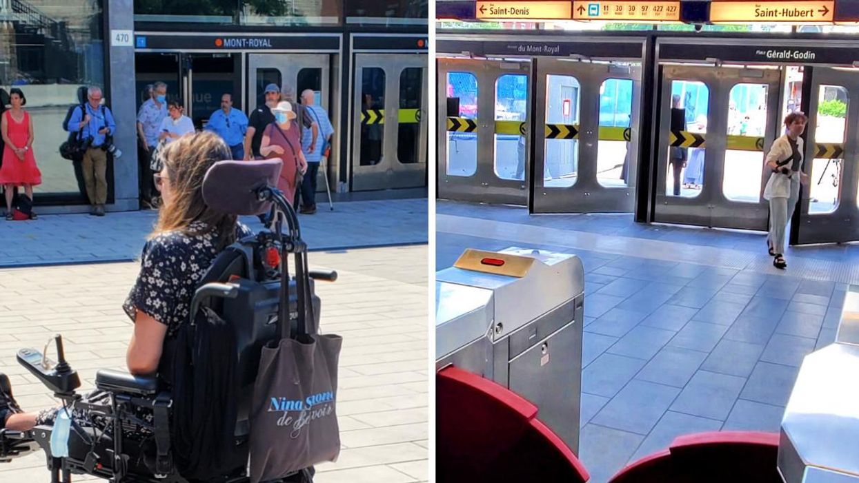 A person in an electronic wheelchair outside the new façade of the Mont-Royal metro station. Right: Someone enters the spacious station entrance with double wide turnstiles.
