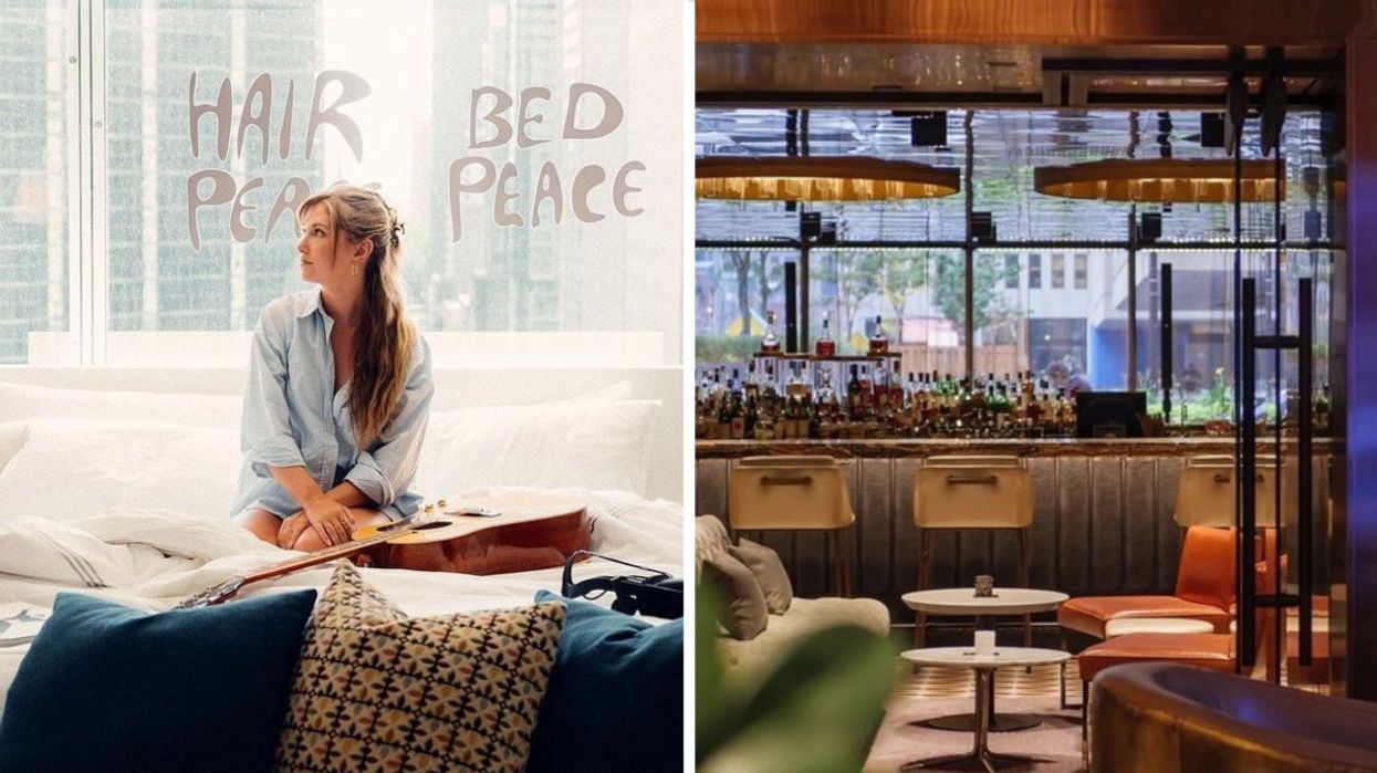 A person in the John Lennon/Yoko Ono room at the Fairmont Queen Elizabeth Hotel in Montreal. Right: The bar at the Fairmont Queen Elizabeth in Montreal.
