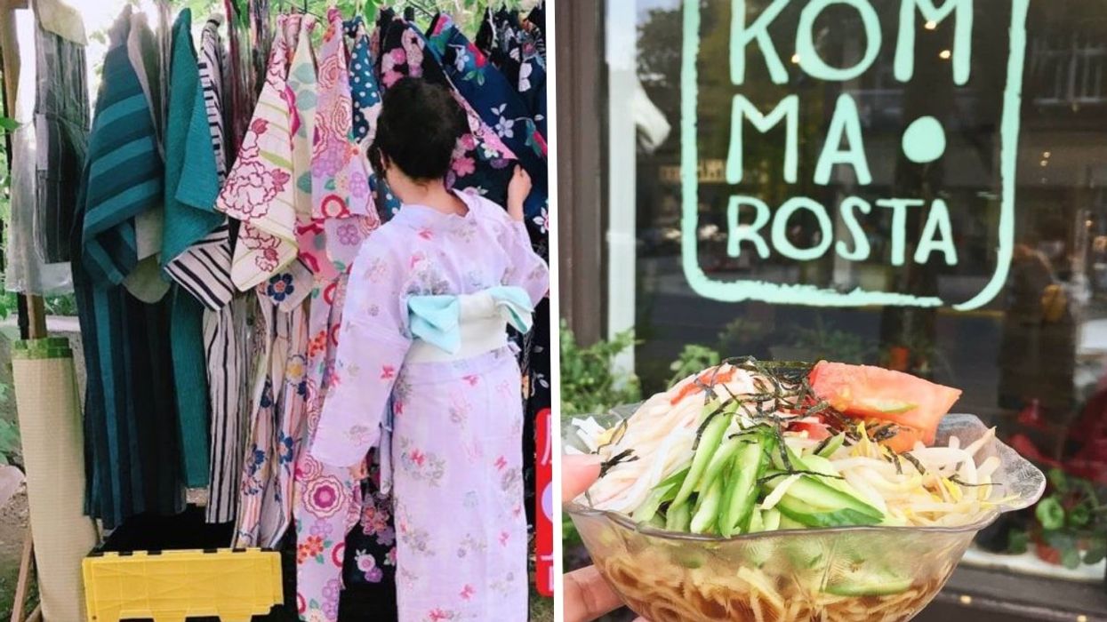 A person looking through a rack of Japanese kimonos, Right: A Japanese dish from Montreal café Komma Rosta.