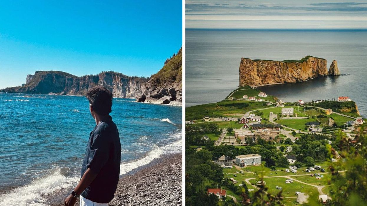 A person on a beach in Quebec. Right: A rock on the water in Quebec. 