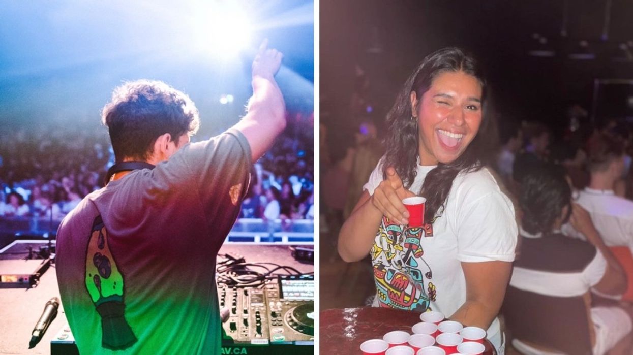 A person performing a DJ set in Montreal, Right: A person holding a tray of shots in tiny red solo cups.
