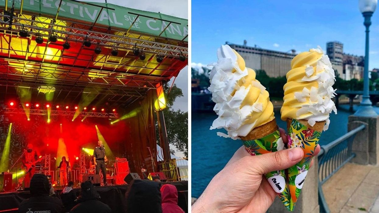 A person performing on a stage at the Lachine Canal. Right: A person holding two ice cream soft serves. 