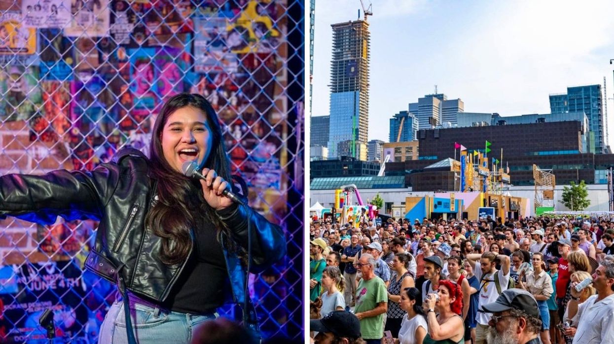 A person performing stand-up comedy on stage. Right: Large crowds at Montreal's Quartier des Spectacles. 