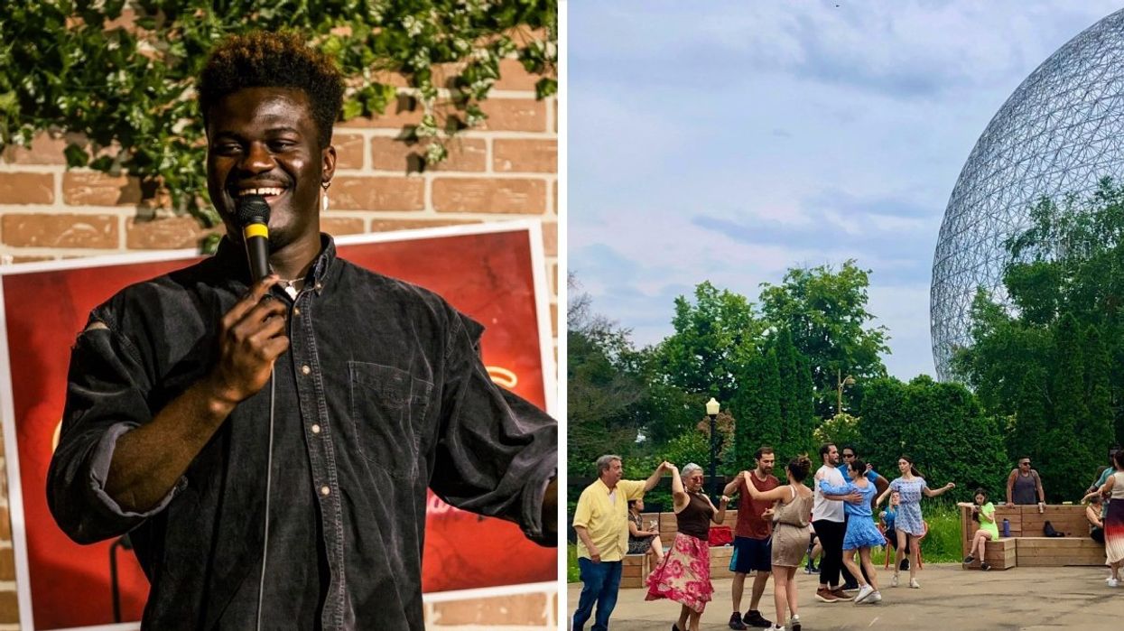 A person performing stand-up in Montreal while holding a mic in their hand. Right: A dance session at Parc Jean-Drapeau with the Montreal Biosphere in the background.