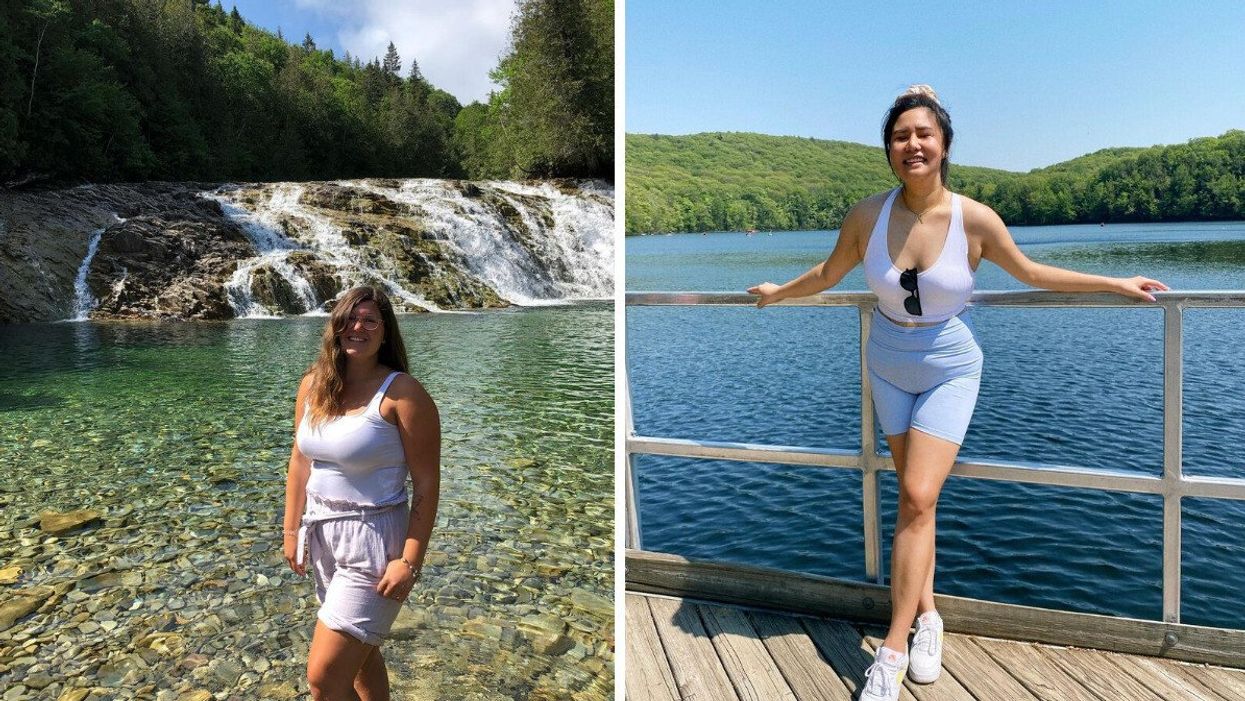 A person poses in front of the waterfall in Quebec's Rivière des Émeraudes. Right: A person poses in Quebec's Parc national du Mont-Saint-Bruno.