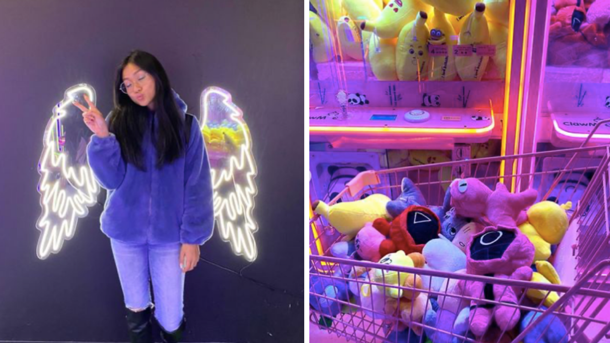 A person posing at CläwMee in Brossard. Right: stuffed toys to win at CläwMee.