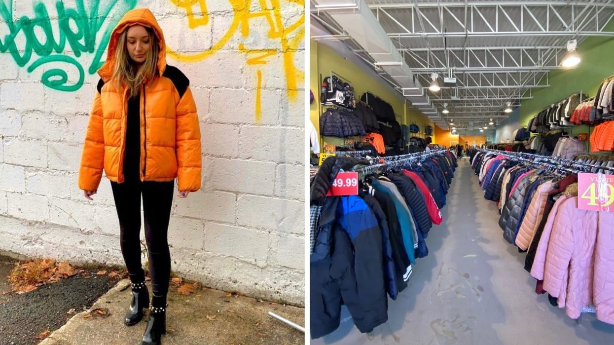 A person posing for a photo wearing an orange puffer jacket. Right: A winter jacket warehouse sale in Montreal, Quebec.