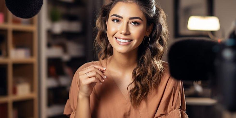 A person posing for a photo with numerous ring lights pointed at her.
