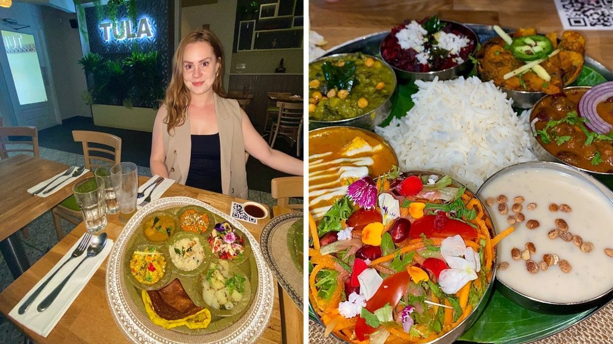 A person posing in Montreal's plant-based Indian restaurant Tula with a brunch platter on the table. Right: A Thali Indian tray offered at Tula in Montreal.