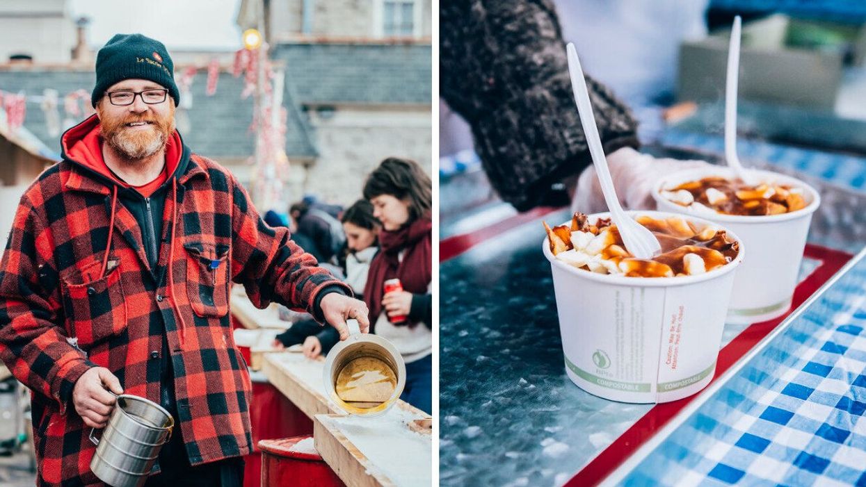 A person pours maple syrup on snow to make maple taffy at the Cabane Panache festival. Right: Cups filled with poutine at the Cabane Panache festival.