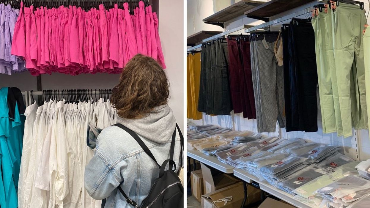 A person shopping at a LJJ Essentials warehouse sale in Montreal.