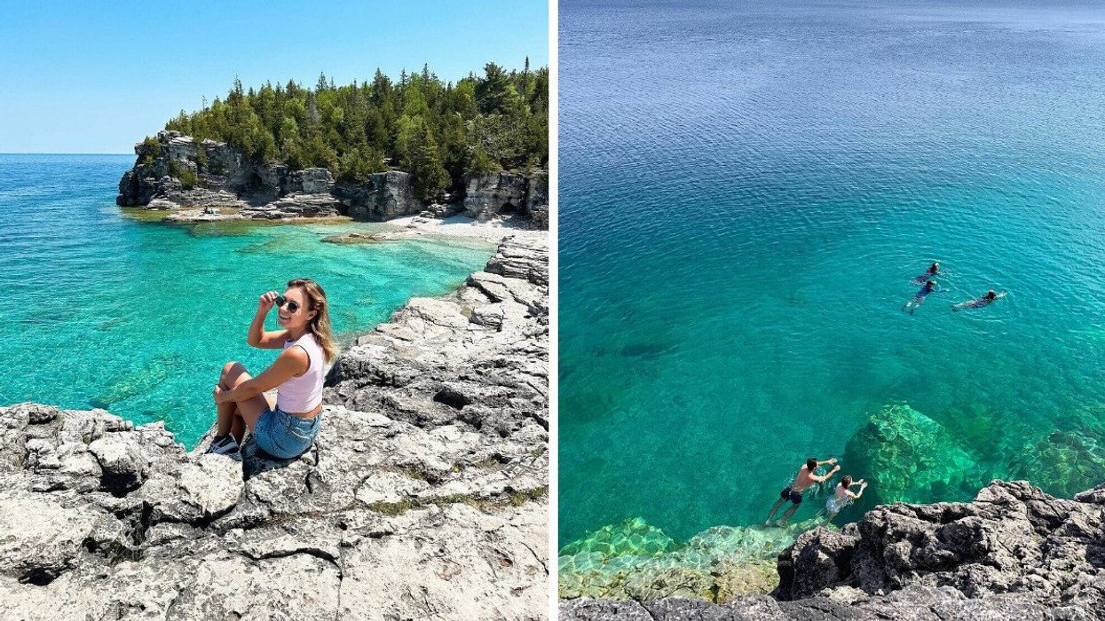 A person sits on a rock at a swimming hole near Montreal. Right: People swim in turquoise water at a swimming hole in Ontario.