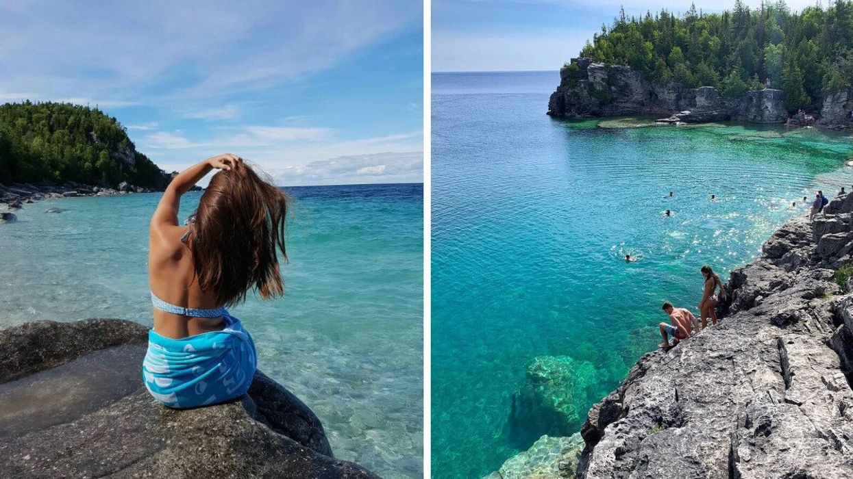 A person sits on a rock in front of blue water. Right: People swim in turquoise water by a cliff.