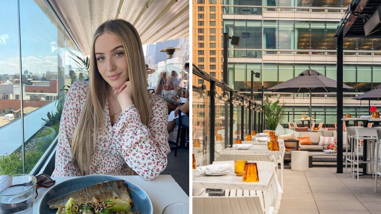 A person sits on a rooftop patio in Montreal. Right: A rooftop terrasse in Montreal. 