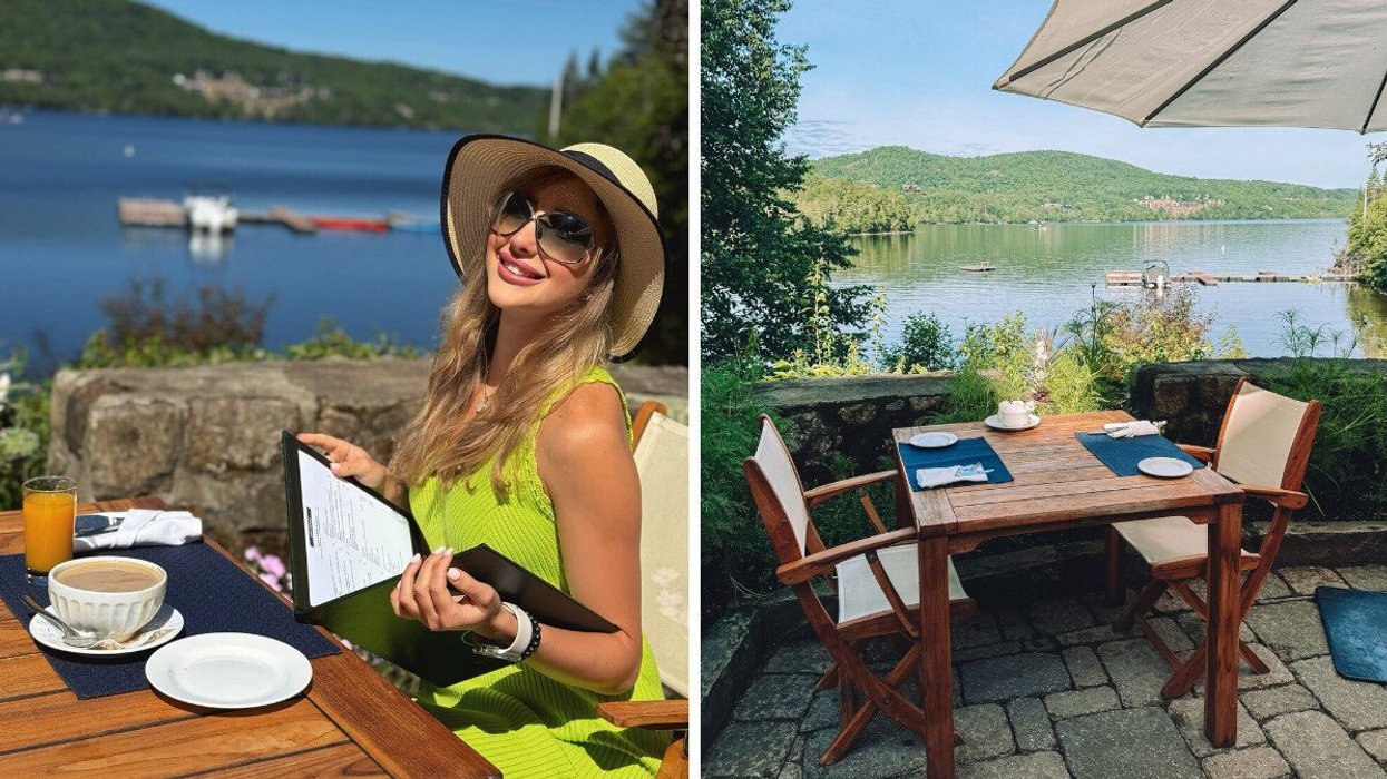 A person sitting at a restaurant patio. Right: A restaurant patio overlooking the water.