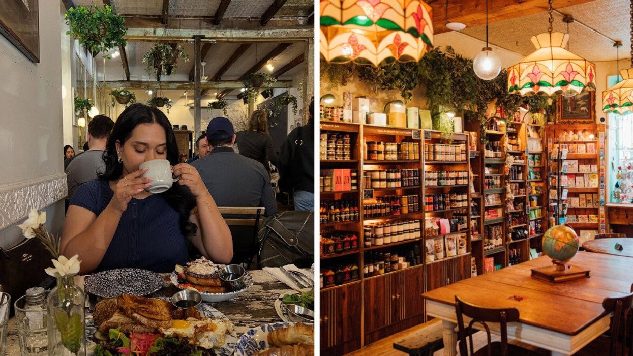 A person sitting at a restaurant. Right: A cafe with stocked shelves.