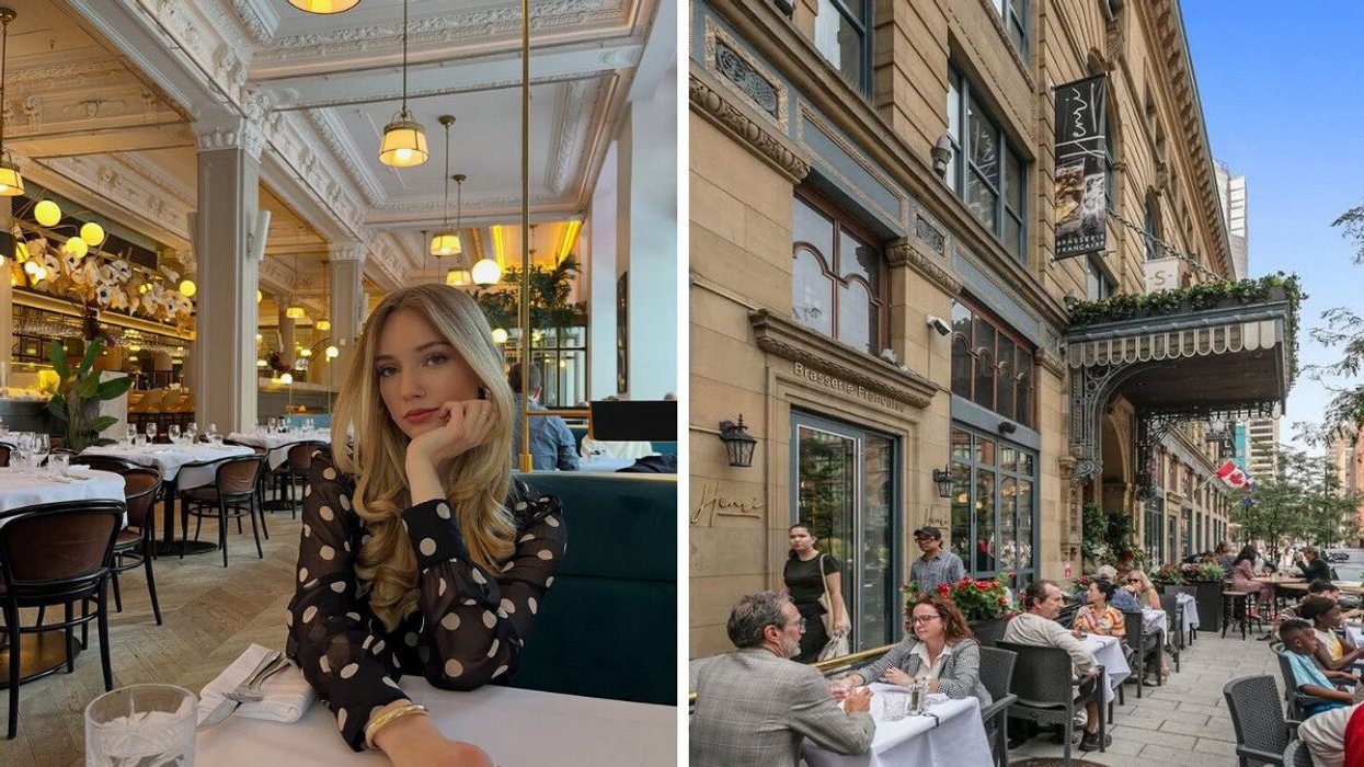 A person sitting at a restaurant. Right: A restaurant patio.