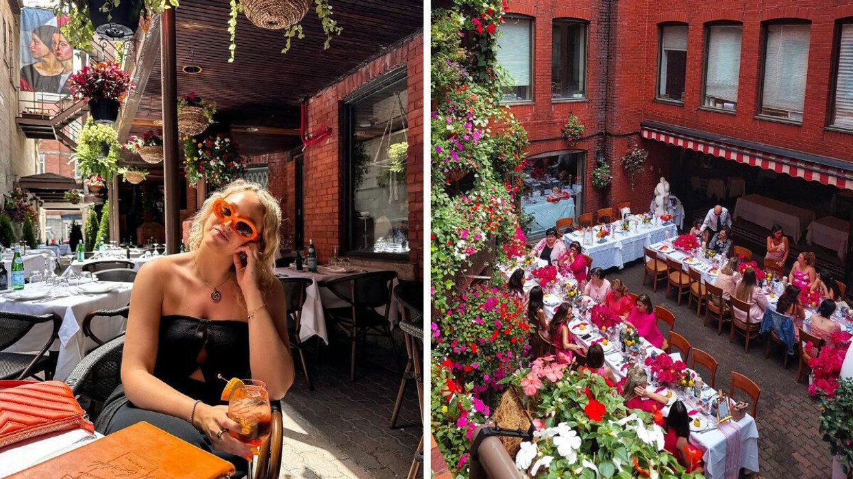 A person sitting at a restaurant. Right: A restaurant terrace.
