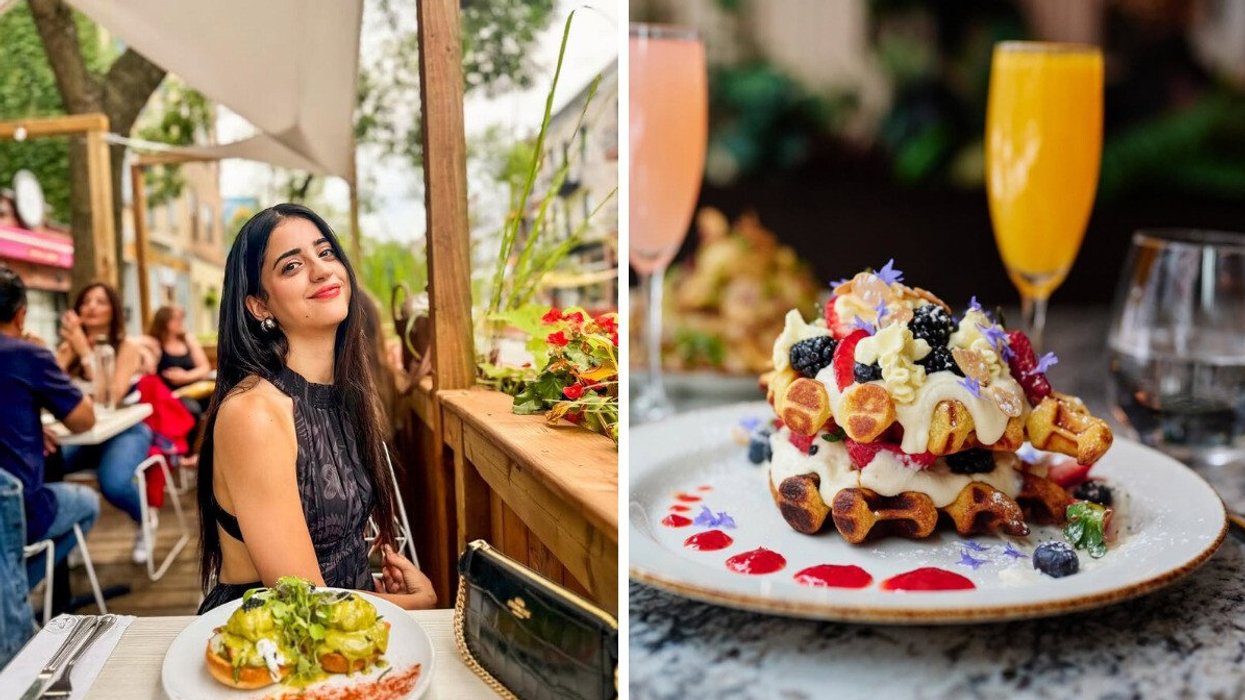 A person sitting at a restaurant. Right: A waffle with toppings.