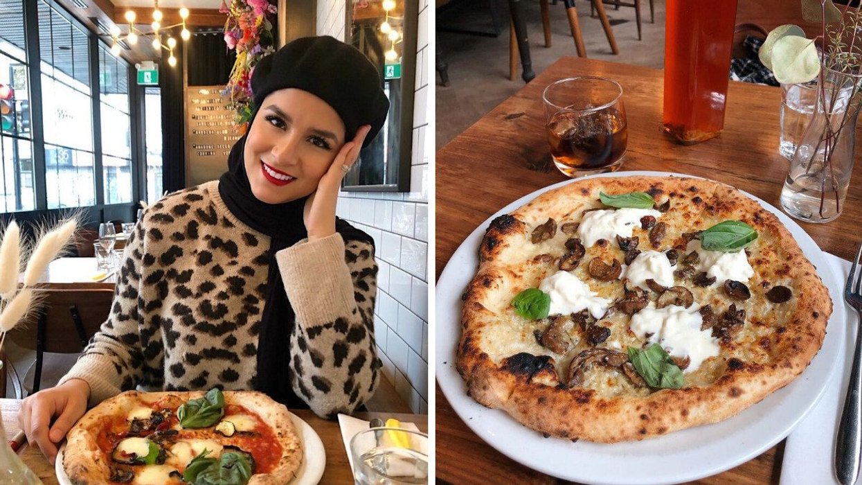 A person sitting at a restaurant with a pizza. Right: A pizza on a table.