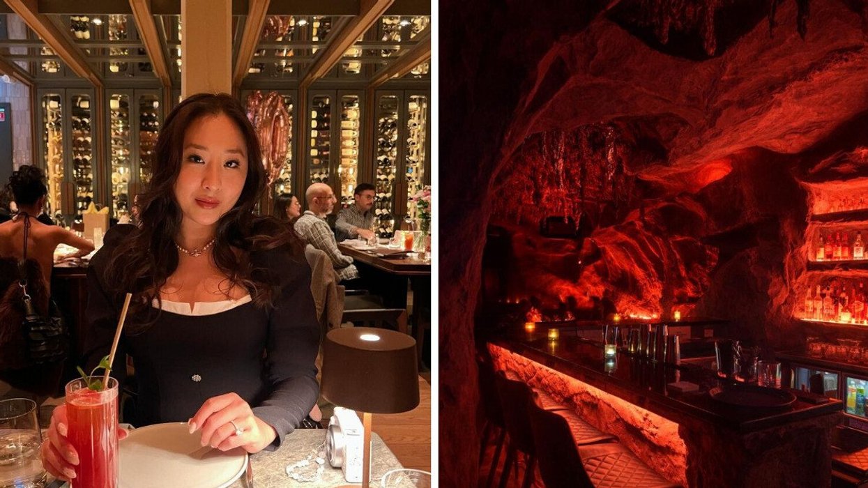 A person sitting at a table with a drink. Right: A restaurant in a cave with red lights.