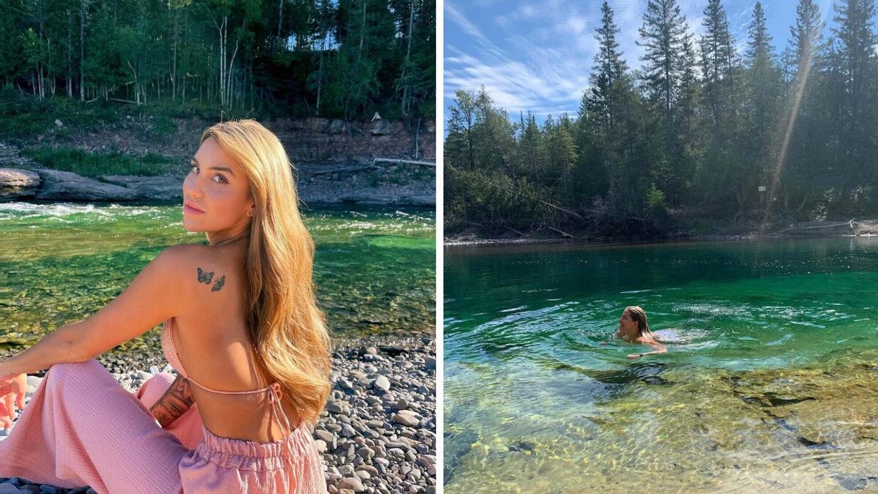 A person sitting by a river. Right: A person swimming in a river.