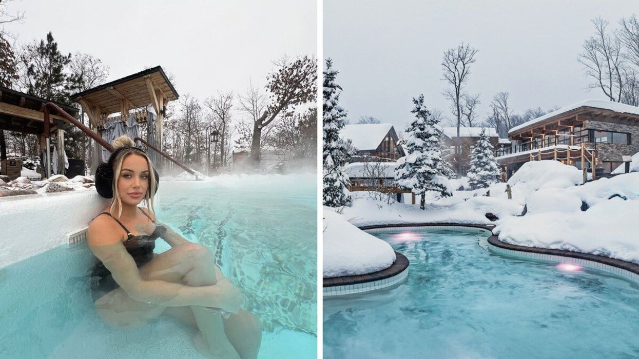 A person sitting in a pool at a spa. Right: A spa in the winter.