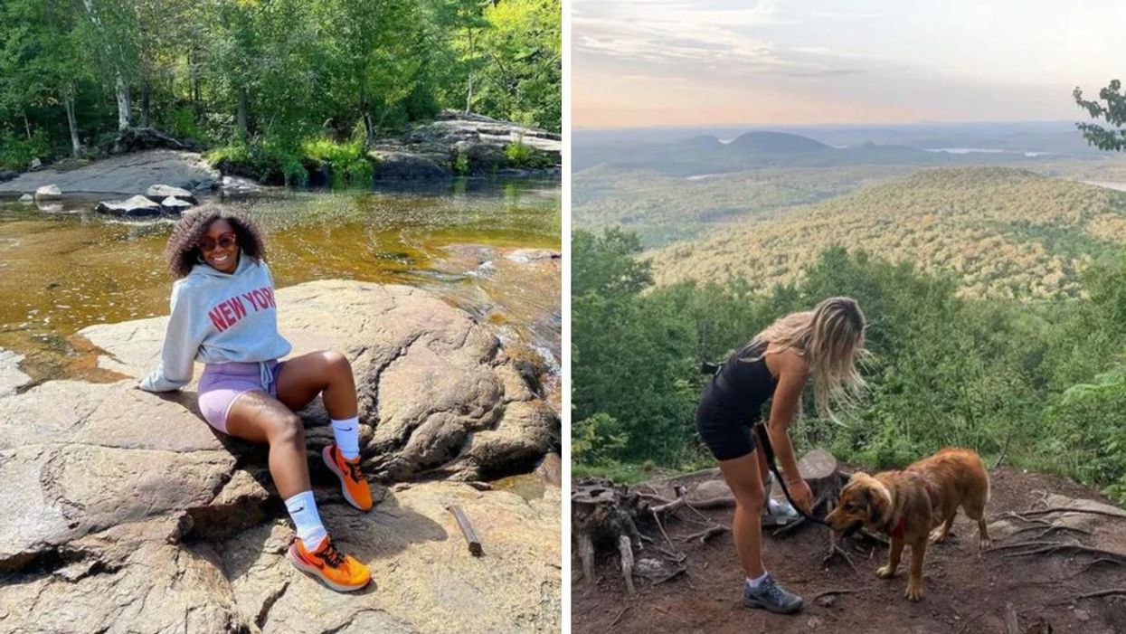 A person sitting in the sun on a river rock in Quebec's Parc Régional des Chutes Monte-à-Peine-et-des-Dalles. Right: A person with a dog atop Quebec's Mont-Mégantic.