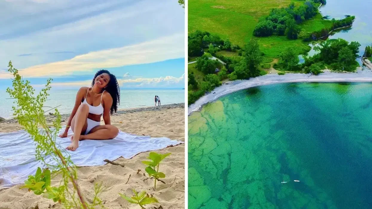 A person sitting on a beach. Right: An aerial view of a shoreline.