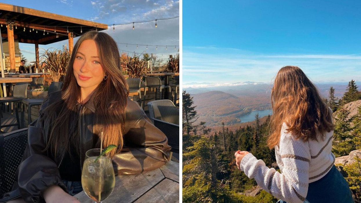 A person sitting on a patio. Right: A person standing at a lookout.