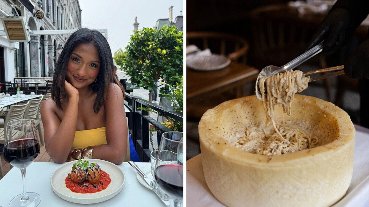 A person sitting on a restaurant patio. Right: Pasta in a cheese wheel.