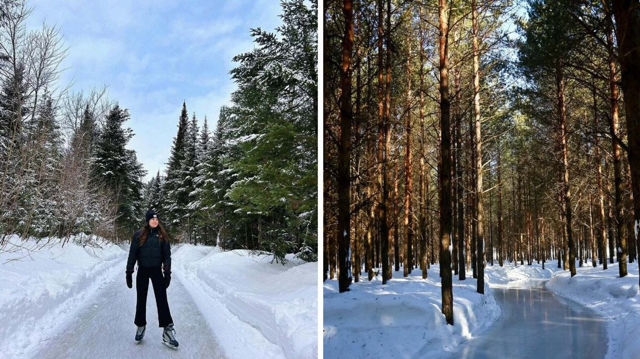 A person skates on a forest trail near Montreal. Right: A forest skating trail in Quebec.
