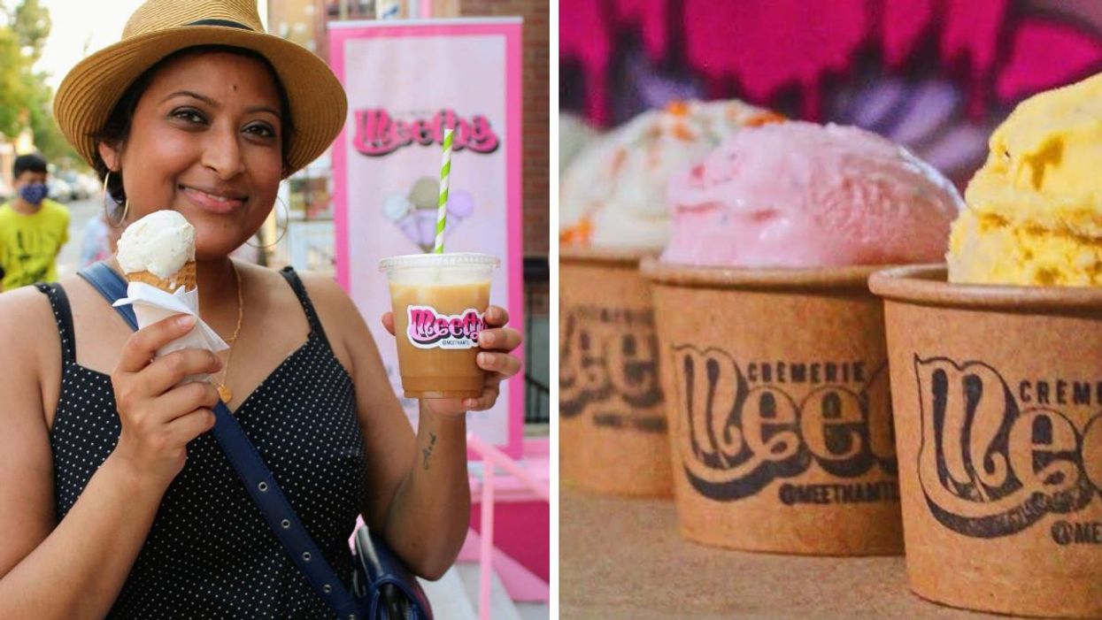 A person smiles while holding an ice cream cone in one hand and a frozen drink in the other. Right: Scoops of yellow, pink, and white ice cream in cups with the Meetha creamery logo.