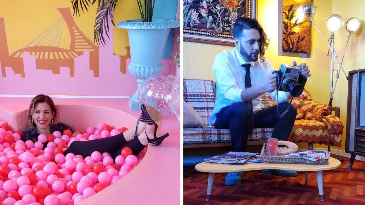 A person smiles while submerged in a pink, heart-shaped pool filled with rose-coloured balls. Right: Someone holds a vintage camera while sitting on a plaid couch surrounded by '60s decor.