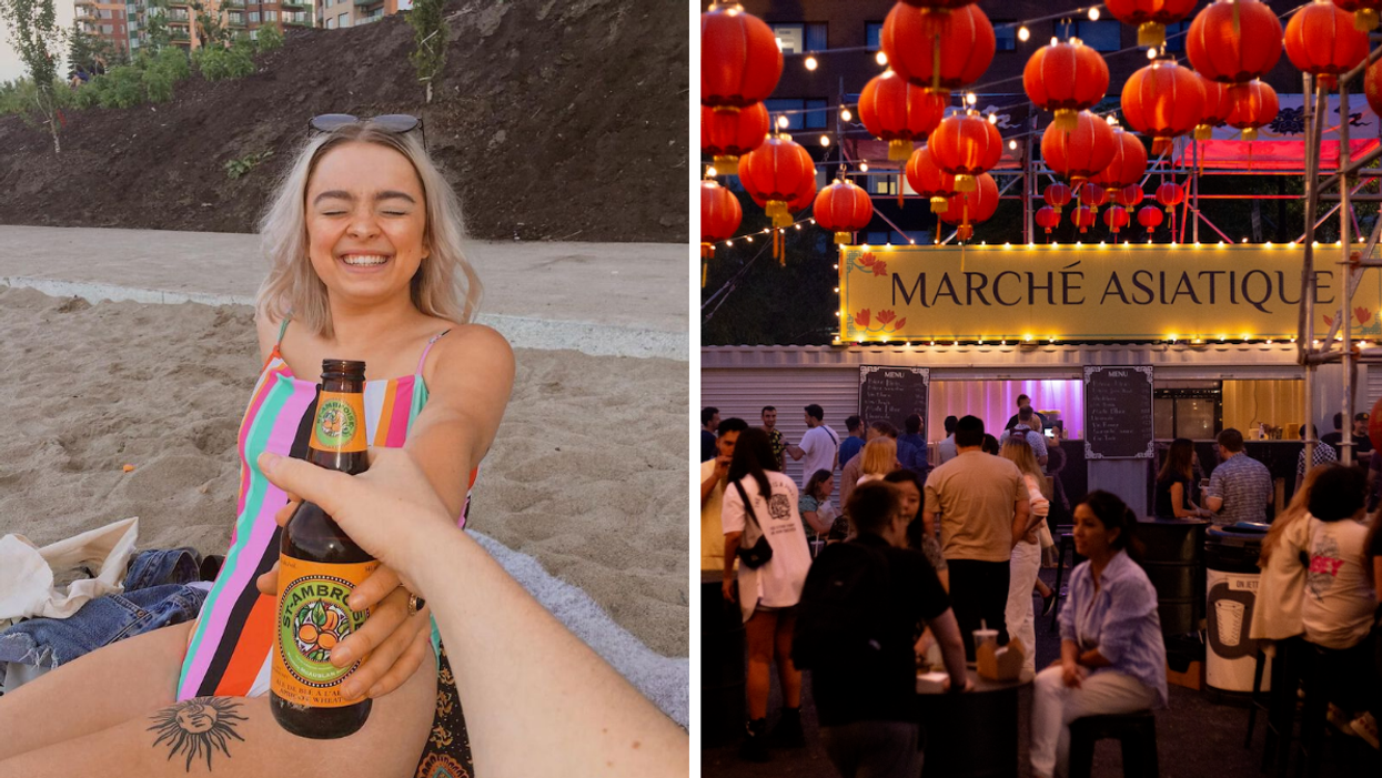 A person smiling as they're handed a drink at the beach in Montreal. Right: Red lanterns hang over a group of a people sitting and standing in the dark, as a sign reads, "Marche Asiatique."