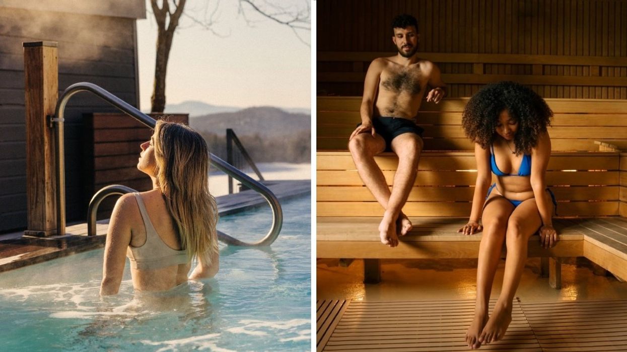 A person soaking in the hot tub at Balnea Spa in Quebec. Right: Two people sitting inside a dry sauna at Balnea Spa in Quebec.