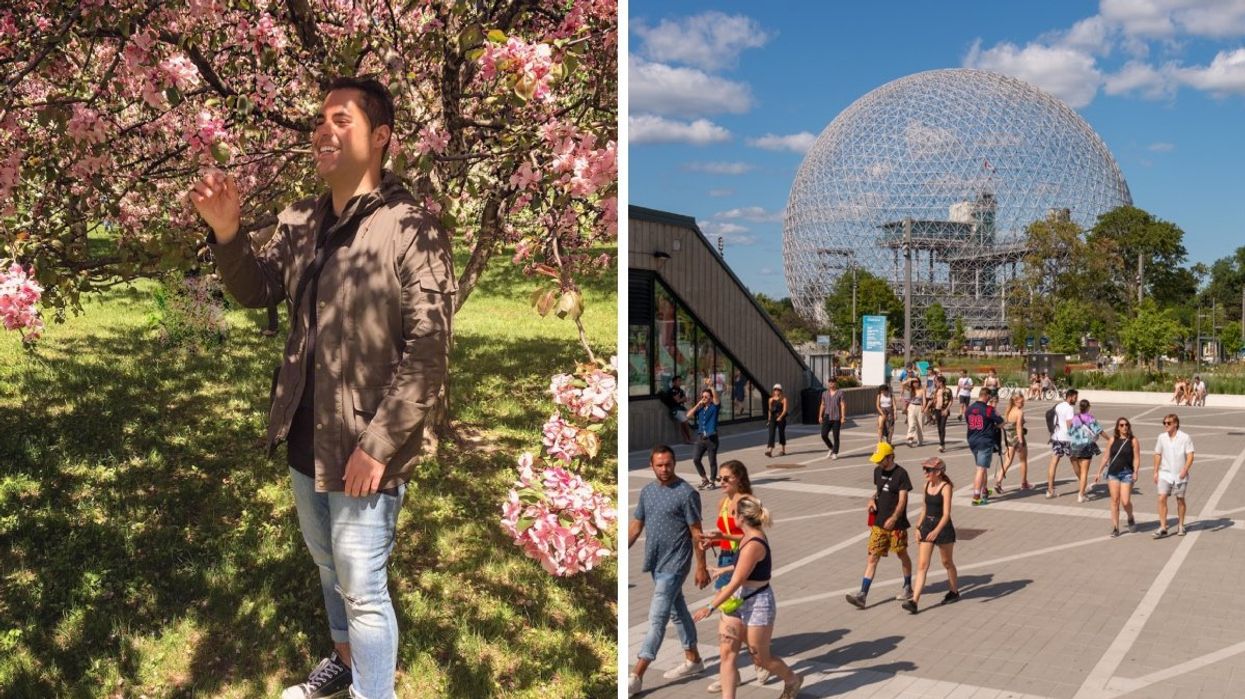 A person standing below a cherry blossom tree at Montreal's Botanical Garden. Right: People walking in and out of metro Parc Jean-Drapeau with the Montreal Biosphere in the background.