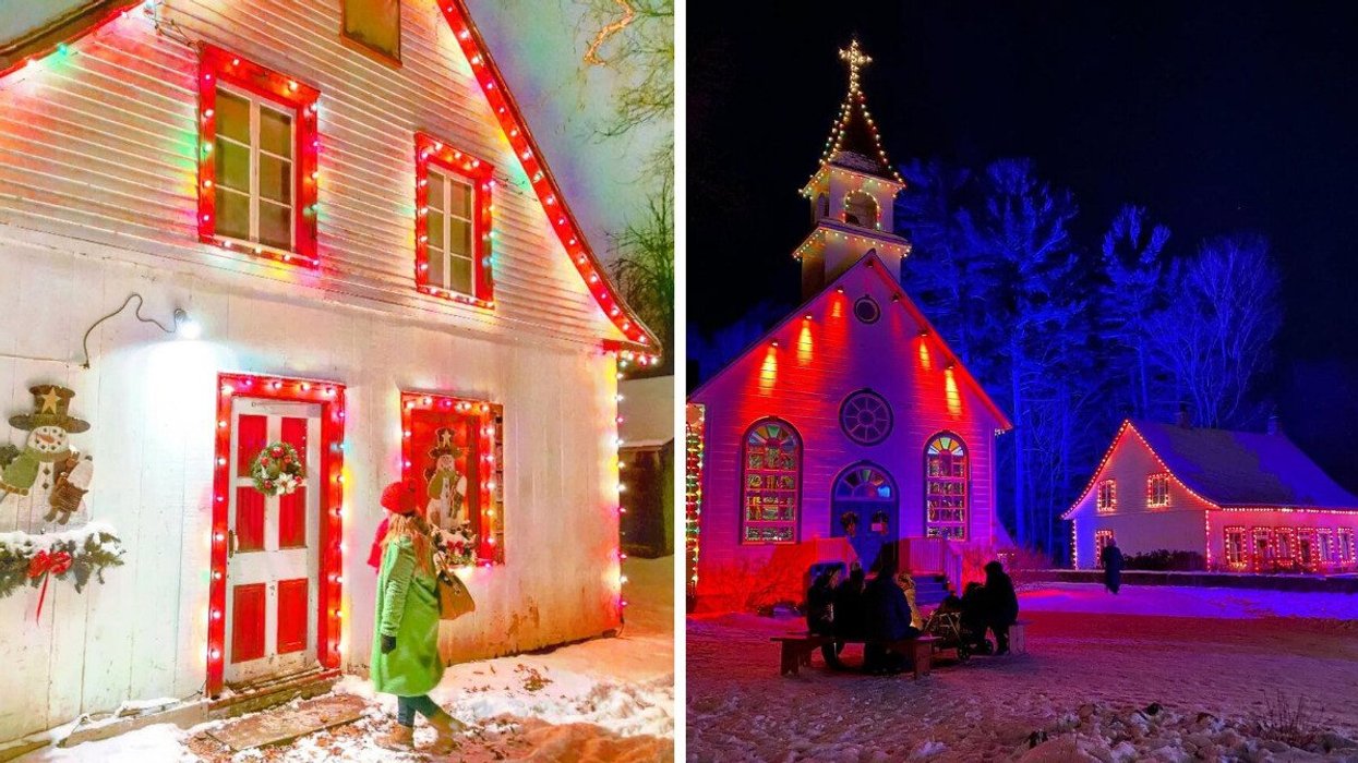 A person standing beside a house with Christmas decor. Right: A Christmas village.