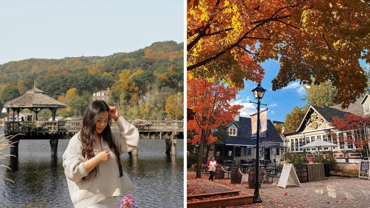 A person standing by a lake in the fall. Right: A village in the fall.